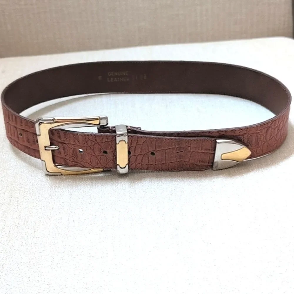 Genuine Leather Croc Embossed Brown Belt Gold & Silver Buckle and Tip Vintage